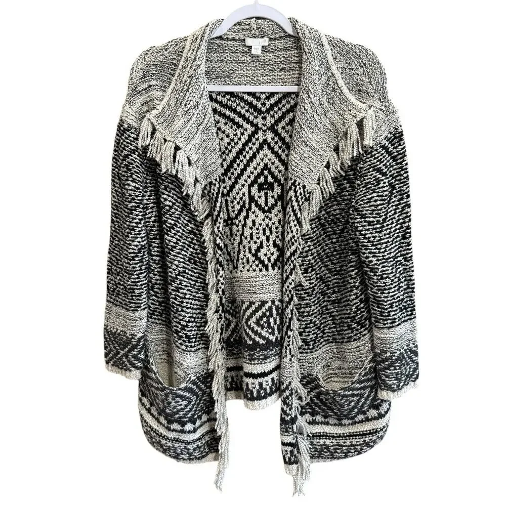 J. Jill Sweater Fringe Trim Open Cardigan Wool Blend Western Chunky Boho Size SP